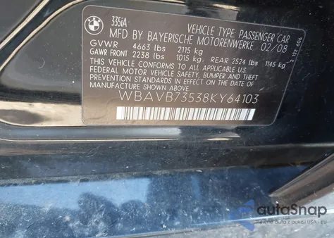 2008 BMW 335I from USA, damaged, VIN WBAVB73538KY64103